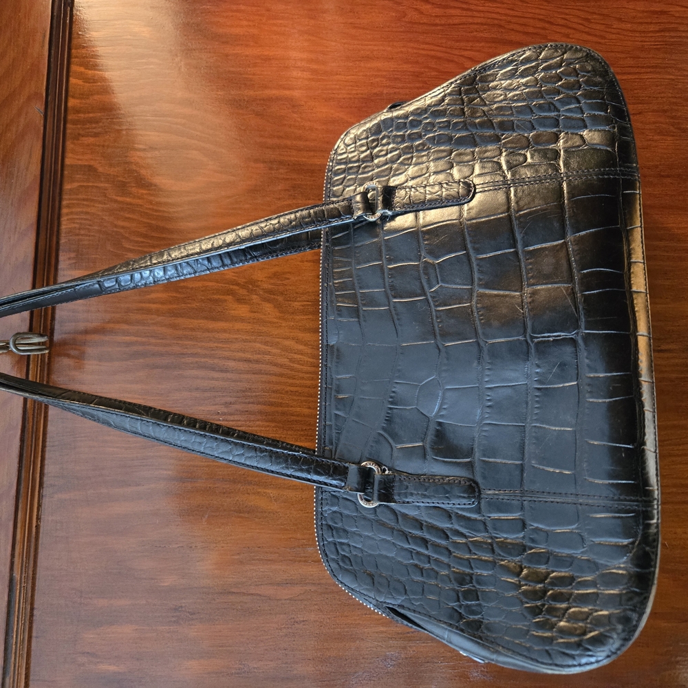 Black Crocodile-Embossed Leather Satchel